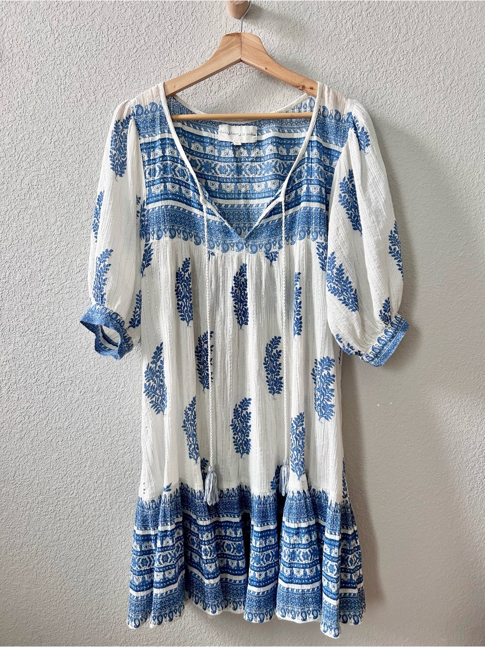 Daughters of India Mishka Dress Size Medium Blue White wit Metallic Thread